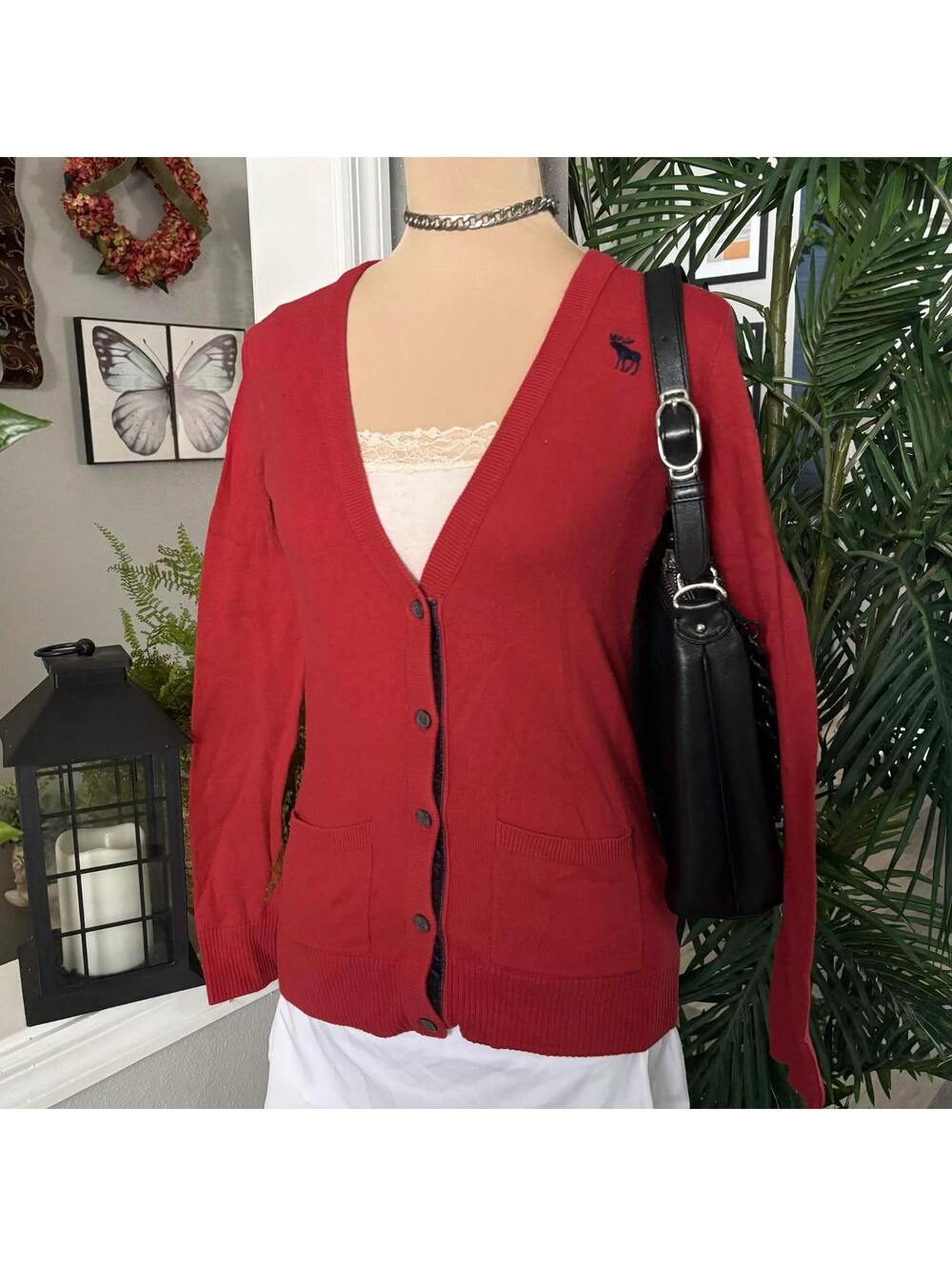 red y2k abercrombie cardigan